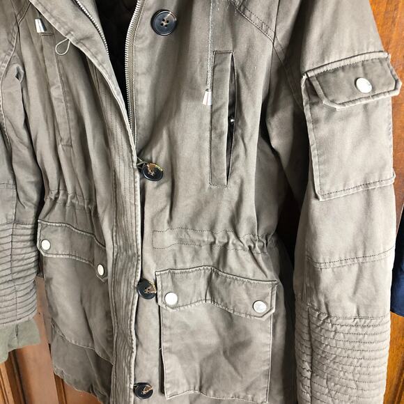 BCBGeneration Jacket Utility Parka Mocha Waist Cinch Faux Fur Hood Medium - Picture 7 of 12